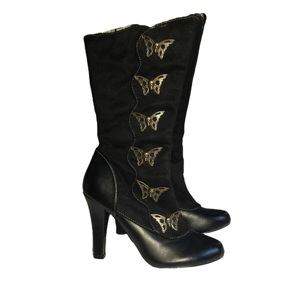Demonia Shoes - Demonia Black Heeled Boots with Gold Butterfly Accents